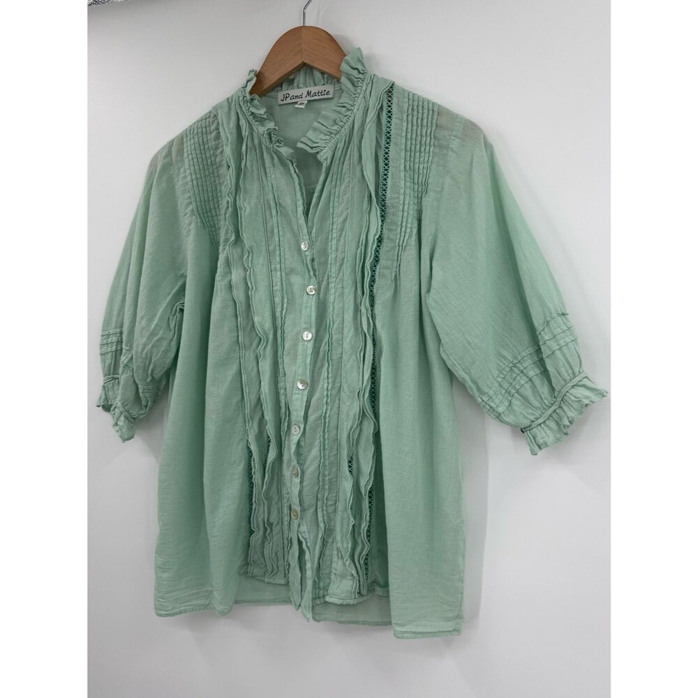 JP and Mattie 2030 Madeleine Ruffle Lace Shirt | Sea Glass | P ( XS)